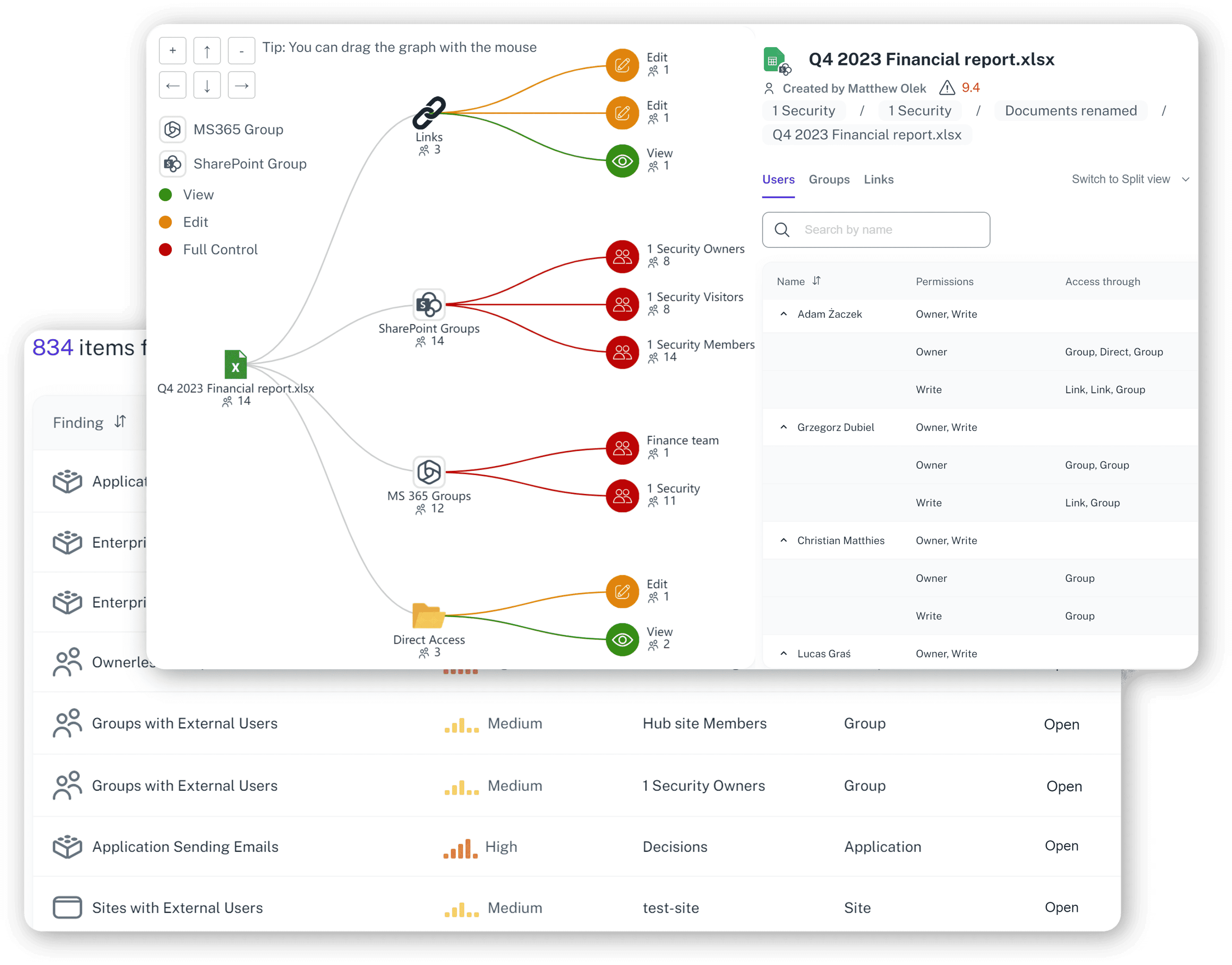 App demo with file access rights and organization graph